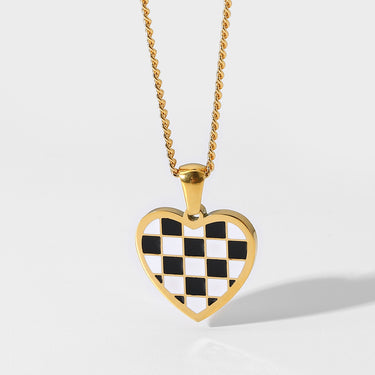 Checkerboard Heart Pendant Chain Necklace - LXM Fashion 