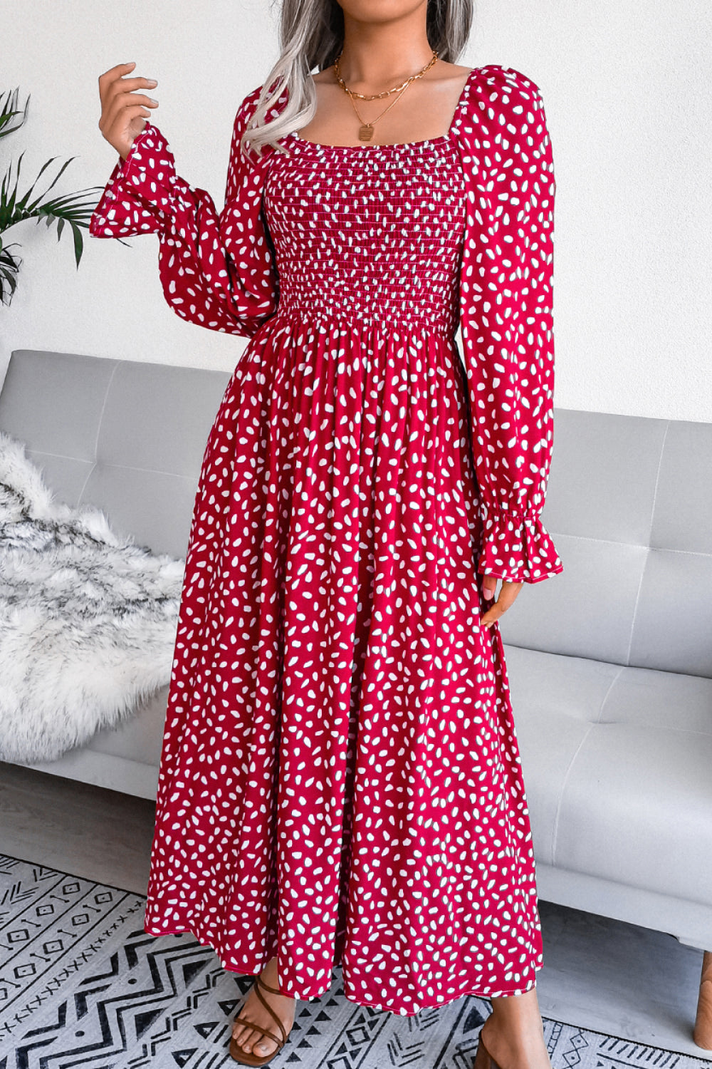 Floral Smocked Flared Sleeve Maxi Dress - LXM Fashion 