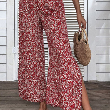 Ditsy Floral Slit Paperbag Waist Wide Leg Pants - LXM Fashion 