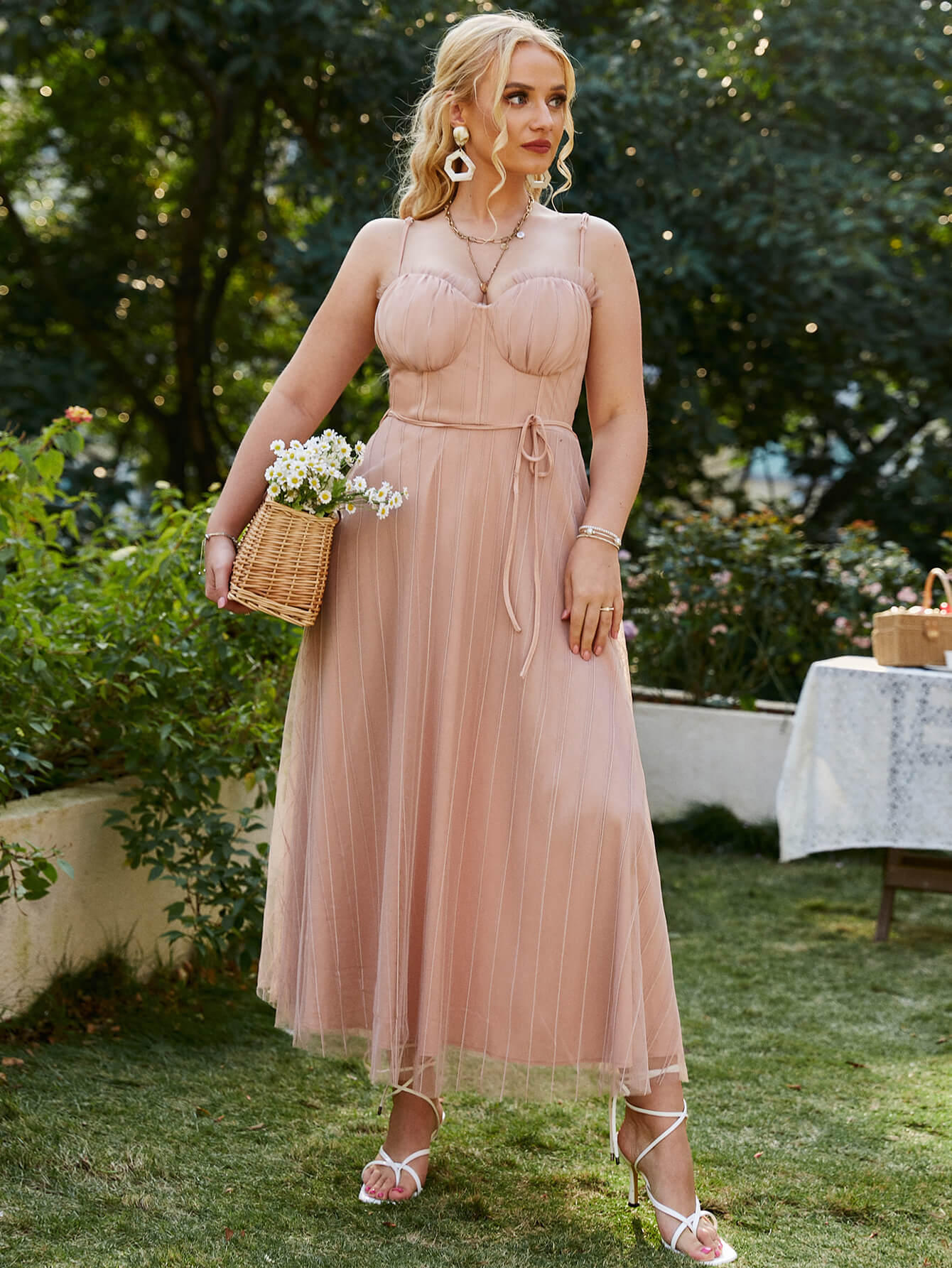Plus Size Tie-Waist Spaghetti Strap Mesh Dress - LXM Fashion 