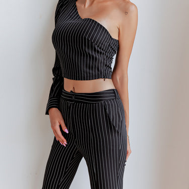 Pinstripe One-Shoulder Top and Slit Ankle Pants Set - LXM Fashion 