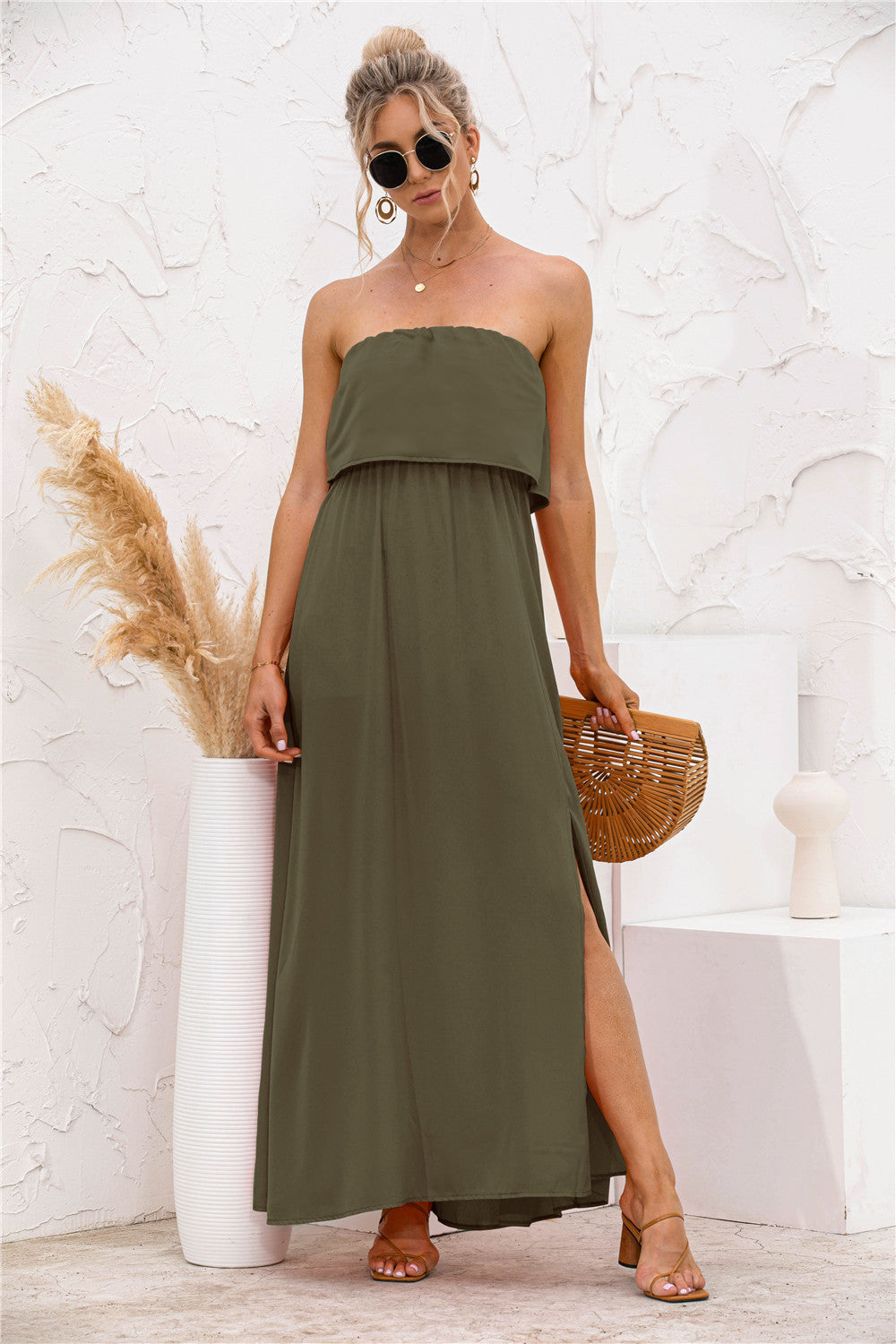 Strapless Leg Split Maxi Dress - LXM Fashion 