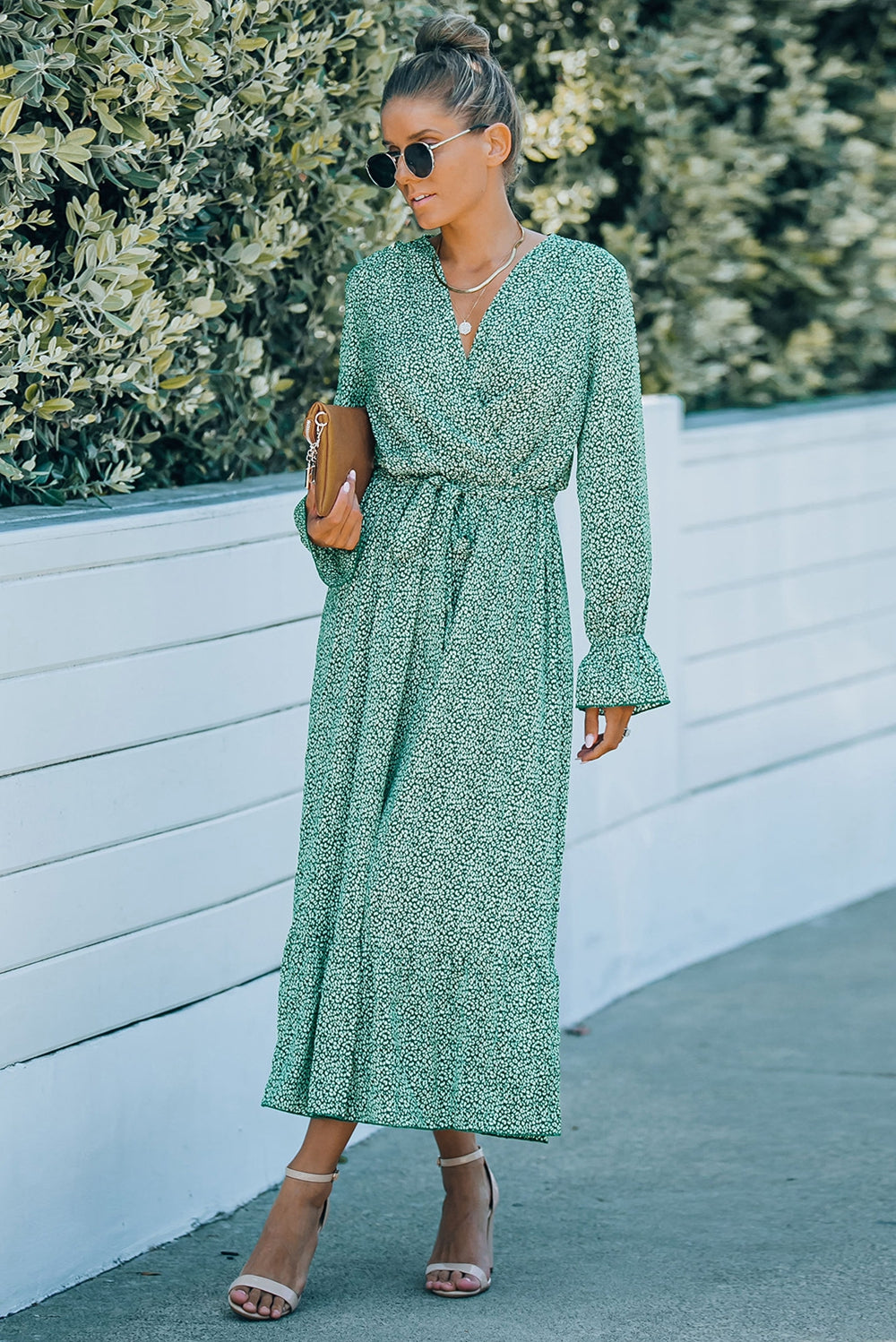 Printed Tie Belt Ruffle Hem Dress - LXM Fashion 