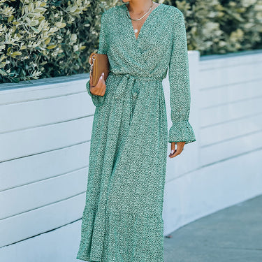 Printed Tie Belt Ruffle Hem Dress - LXM Fashion 