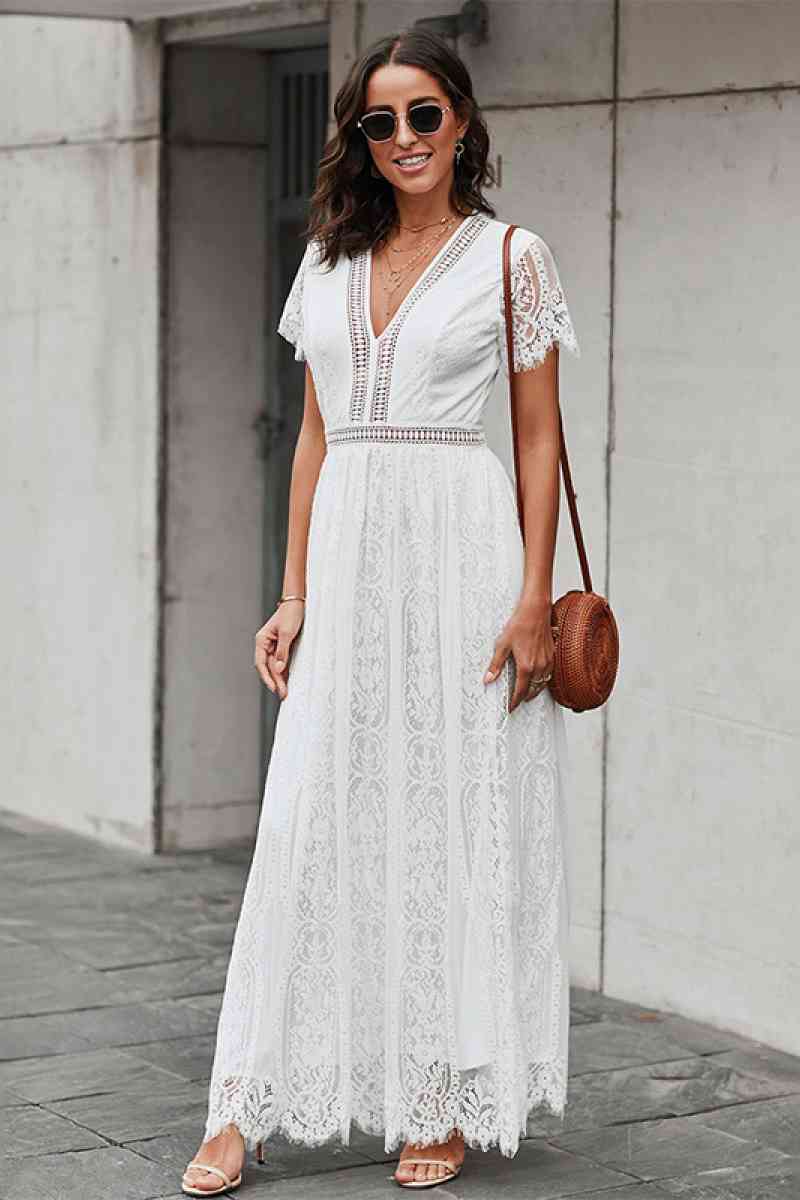 Fashion Collection Lace Hollow-Out V Neck Maxi Dress - LXM Fashion 