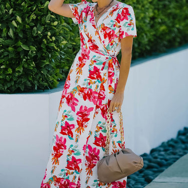 Floral Split Short Sleeve Maxi Dress - LXM Fashion 