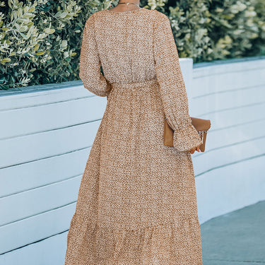 Printed Tie Belt Ruffle Hem Dress - LXM Fashion 
