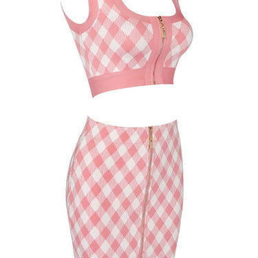 Gingham Zip Front Crop Top and Skirt Set - LXM Fashion 