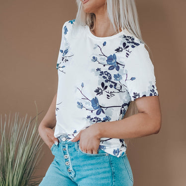 Floral Round Neck Short Sleeve Tee Shirt - LXM Fashion 