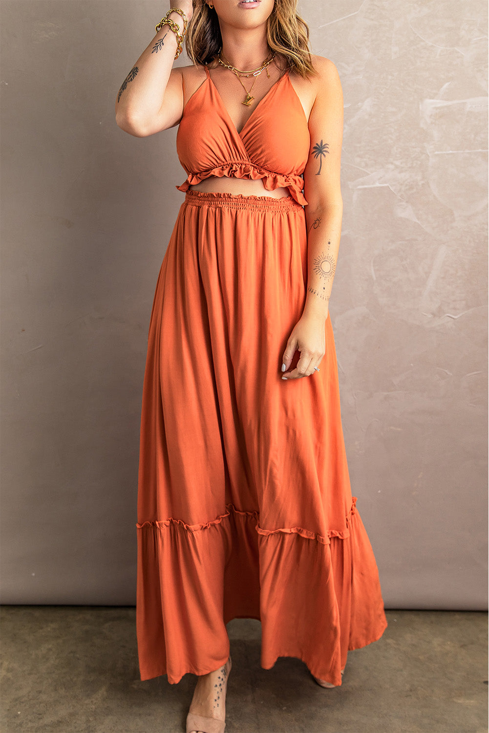 Frill Trim Cutout Spaghetti Strap Maxi Dress - LXM Fashion 