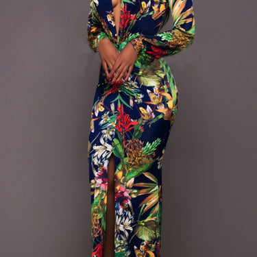 Fashion Collection Printed Plunge Neck Leg Split Maxi Dress - LXM Fashion 
