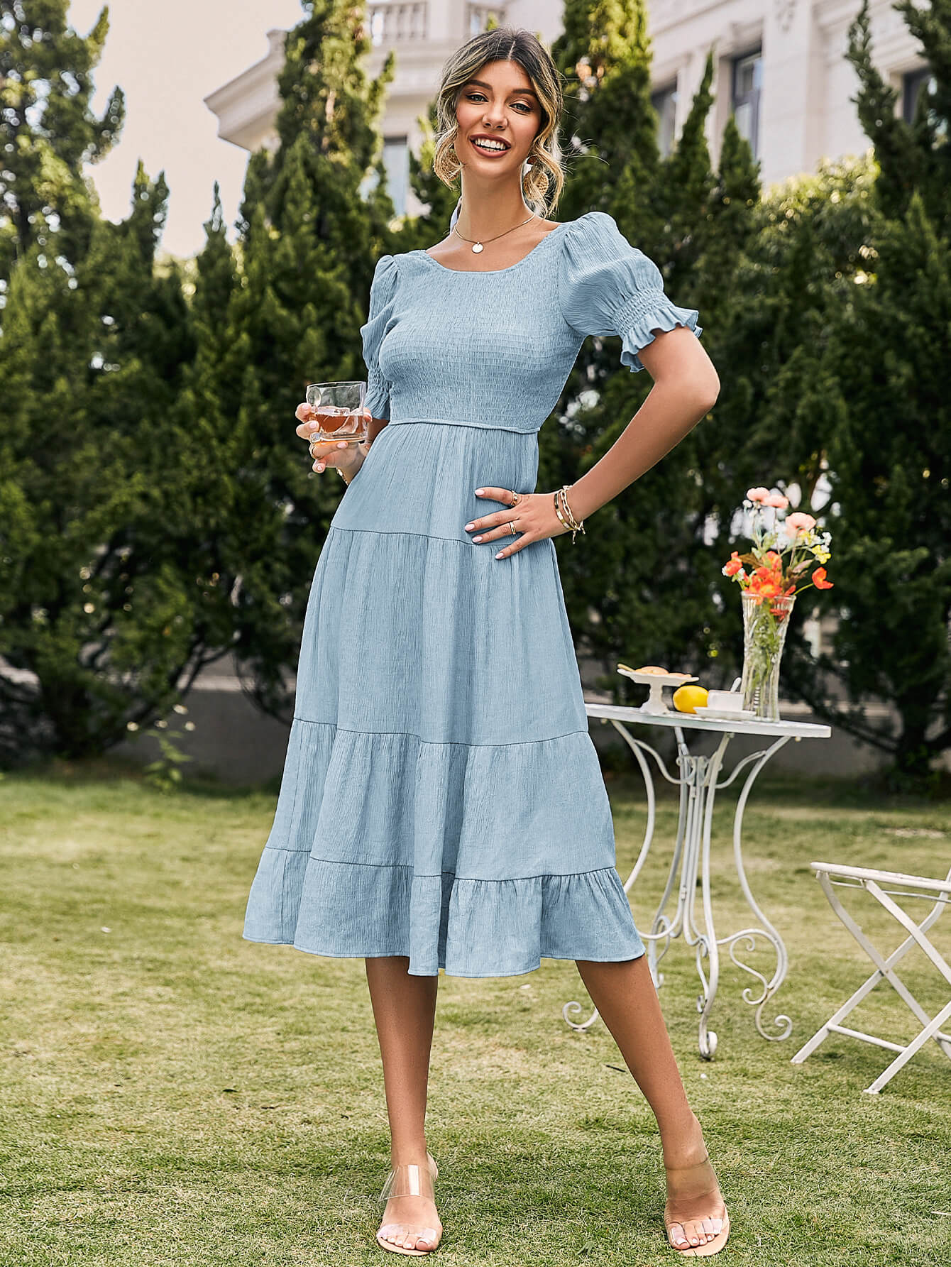 Smocked Flounce Sleeve Tiered Dress - LXM Fashion 