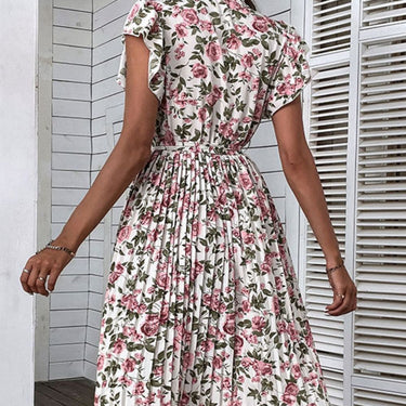 Floral Tie-Neck Flutter Sleeve Midi Dress - LXM Fashion 