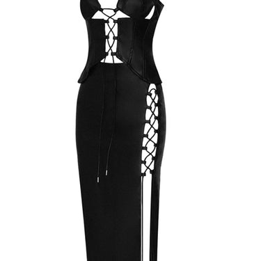 Lace Up PU Leather Cami and Split Skirt Set - LXM Fashion 