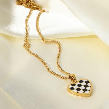 Checkerboard Heart Pendant Chain Necklace - LXM Fashion 