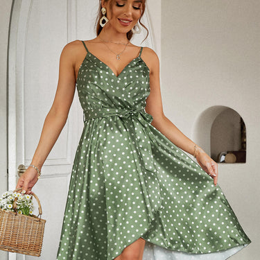 Polka Dot Spaghetti Strap Belted Wrap Dress - LXM Fashion 