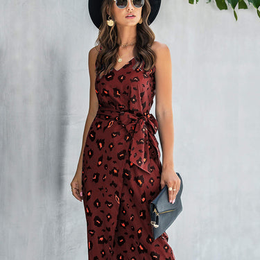 Printed Spaghetti Strap V-Neck Belted Dress - LXM Fashion 