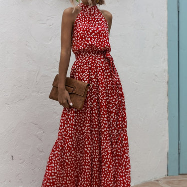 Polka Dot Halter Belted Dress - LXM Fashion 