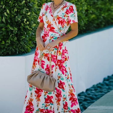 Floral Split Short Sleeve Maxi Dress - LXM Fashion 