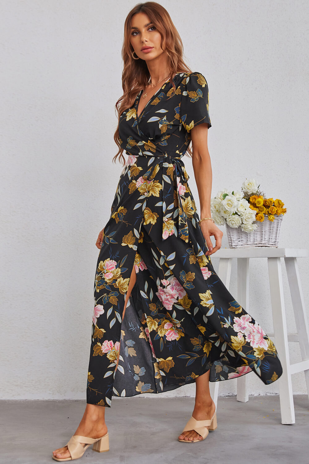Floral Split Short Sleeve Maxi Dress - LXM Fashion 