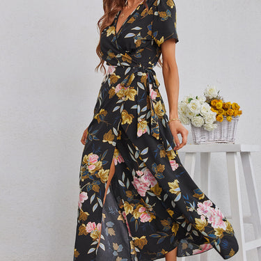 Floral Split Short Sleeve Maxi Dress - LXM Fashion 