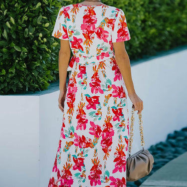 Floral Split Short Sleeve Maxi Dress - LXM Fashion 