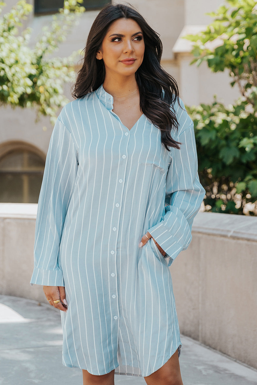 Striped Band Collar Shirt Dress with Pockets