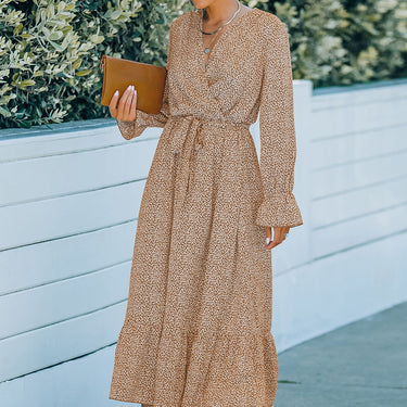 Printed Tie Belt Ruffle Hem Dress - LXM Fashion 