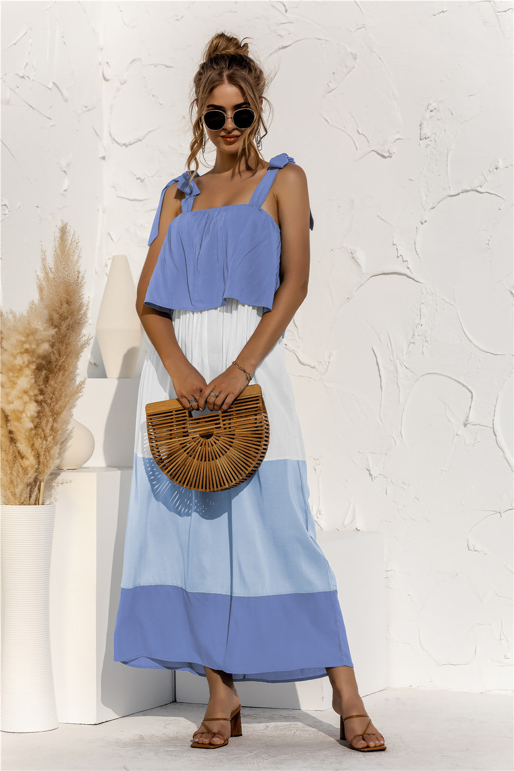 Fashion Collection Color Block Adjustable Straps Ruffle Dress - LXM Fashion 