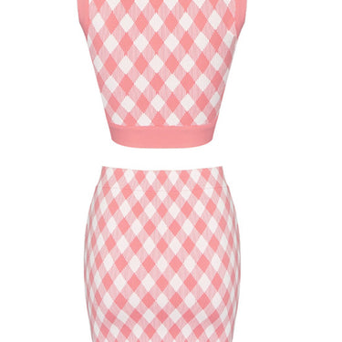 Gingham Zip Front Crop Top and Skirt Set - LXM Fashion 