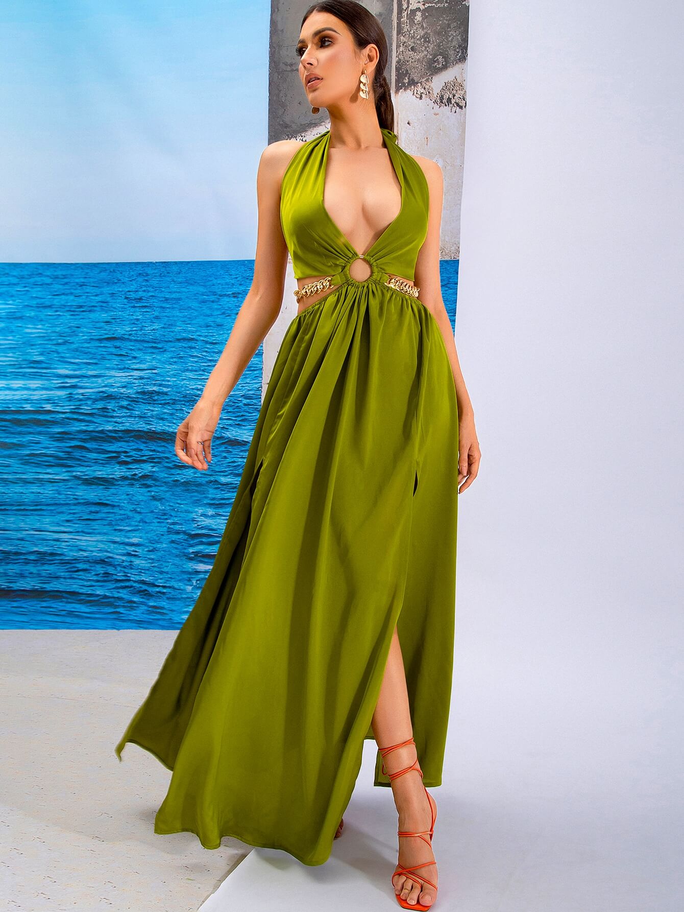 Grommet Chain Detail Side Split Maxi Dress - LXM Fashion 