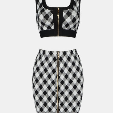 Gingham Zip Front Crop Top and Skirt Set - LXM Fashion 
