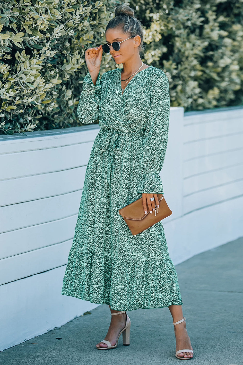 Printed Tie Belt Ruffle Hem Dress - LXM Fashion 
