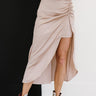 HYFVE Glam It Up Ruched Satin Tulip Hem Skirt - LXM Fashion 
