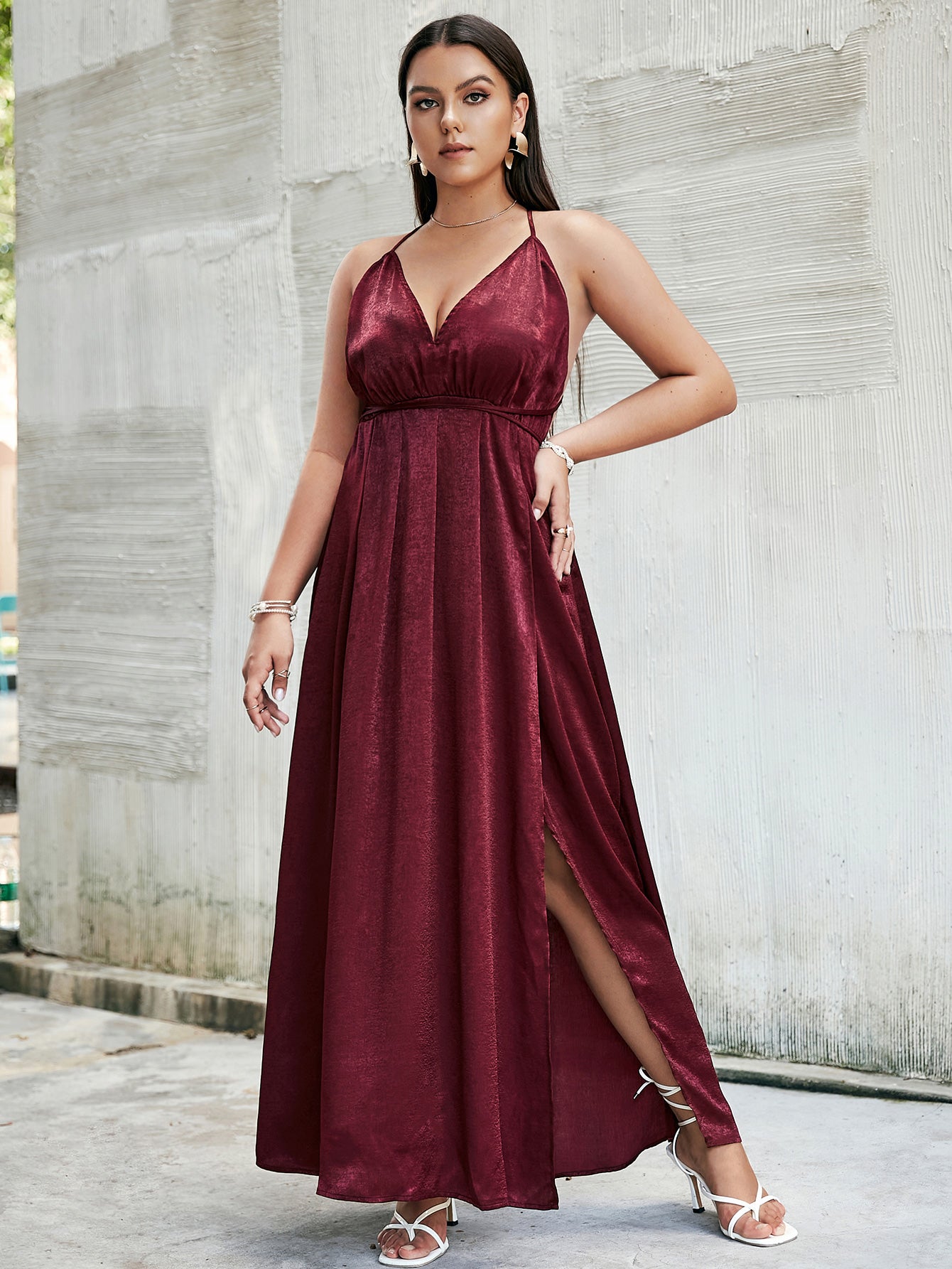 Simplee Crisscross Side Split Plunge Velvet Maxi Dress - LXM Fashion 