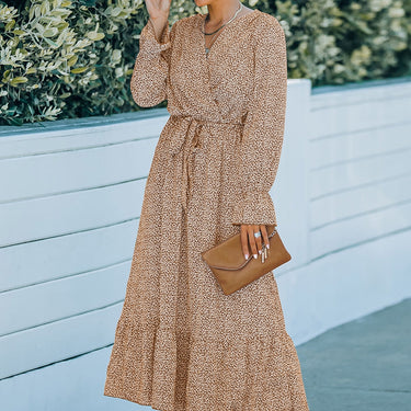 Printed Tie Belt Ruffle Hem Dress - LXM Fashion 