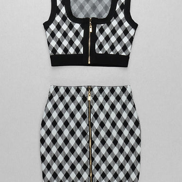 Gingham Zip Front Crop Top and Skirt Set - LXM Fashion 