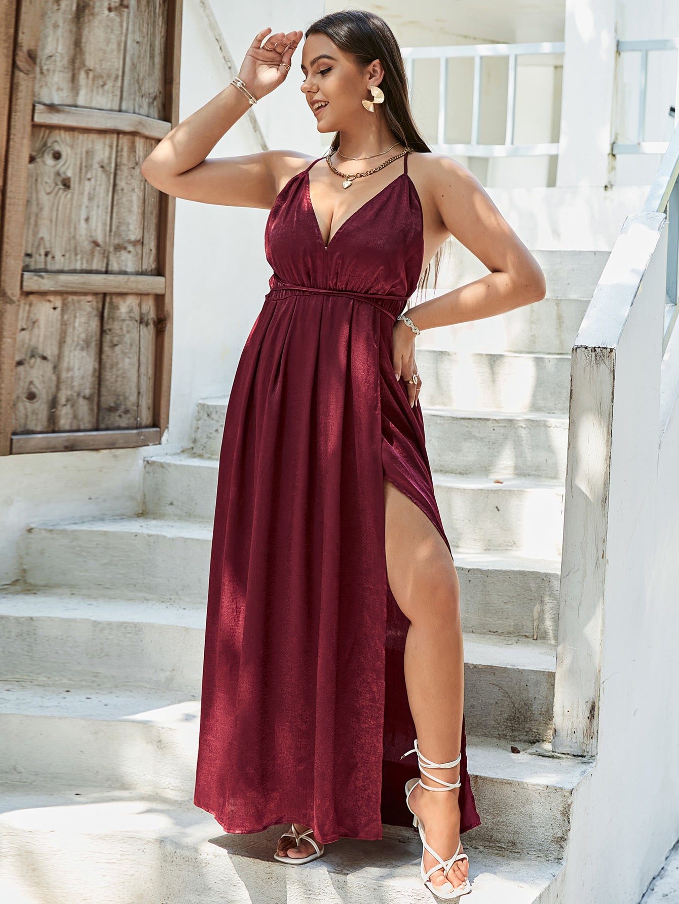 Simplee Crisscross Side Split Plunge Velvet Maxi Dress - LXM Fashion 