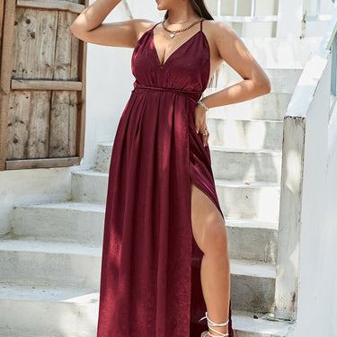 Simplee Crisscross Side Split Plunge Velvet Maxi Dress - LXM Fashion 