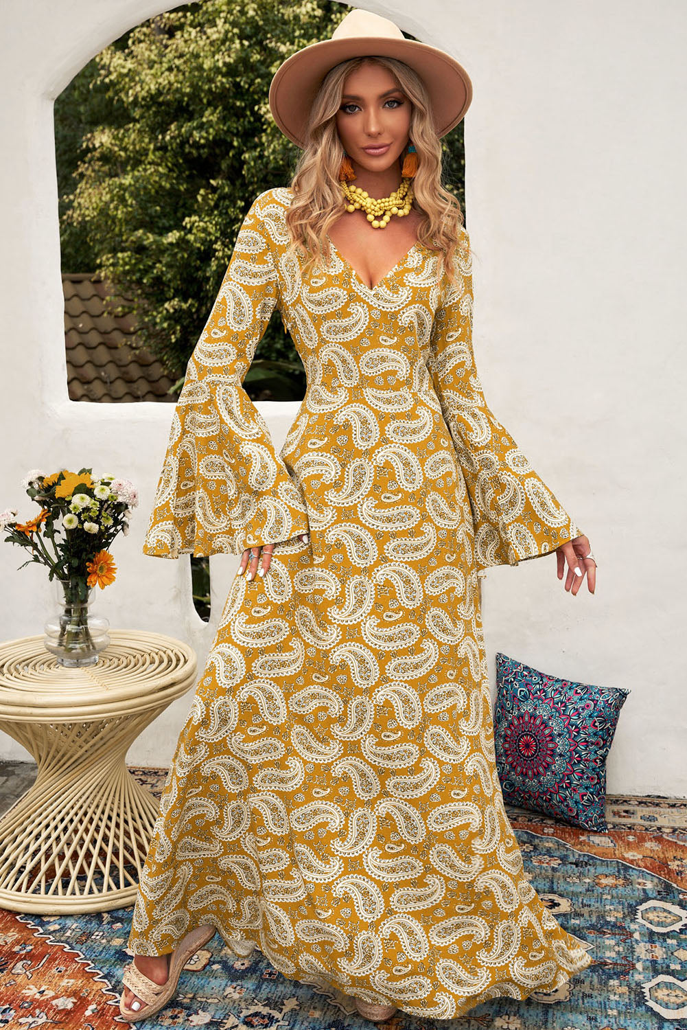 Fashion Collection Paisley Print Bell Sleeve V-Neck Maxi Dress - LXM Fashion 