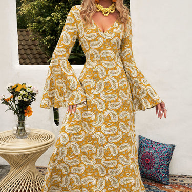 Fashion Collection Paisley Print Bell Sleeve V-Neck Maxi Dress - LXM Fashion 