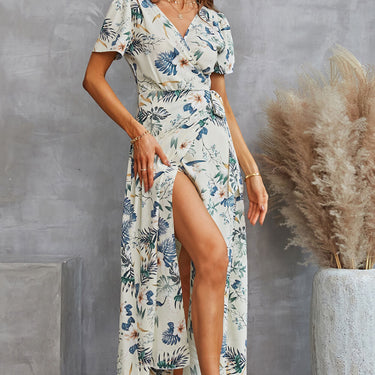 Floral Split Short Sleeve Maxi Dress - LXM Fashion 