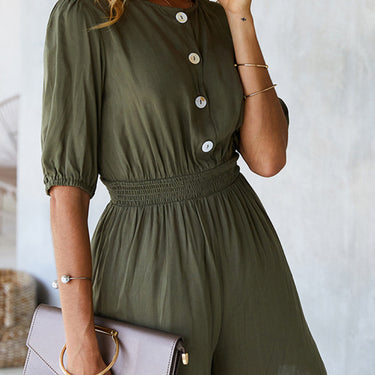 High Neck Button Smocked Waist Romper - LXM Fashion 