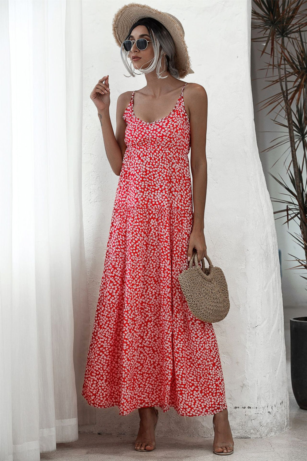 Ditsy Floral Backless Maxi Dress - LXM Fashion 