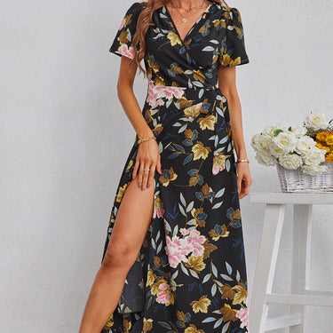 Floral Split Short Sleeve Maxi Dress - LXM Fashion 
