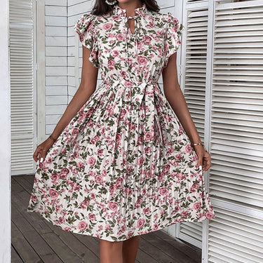 Floral Tie-Neck Flutter Sleeve Midi Dress - LXM Fashion 
