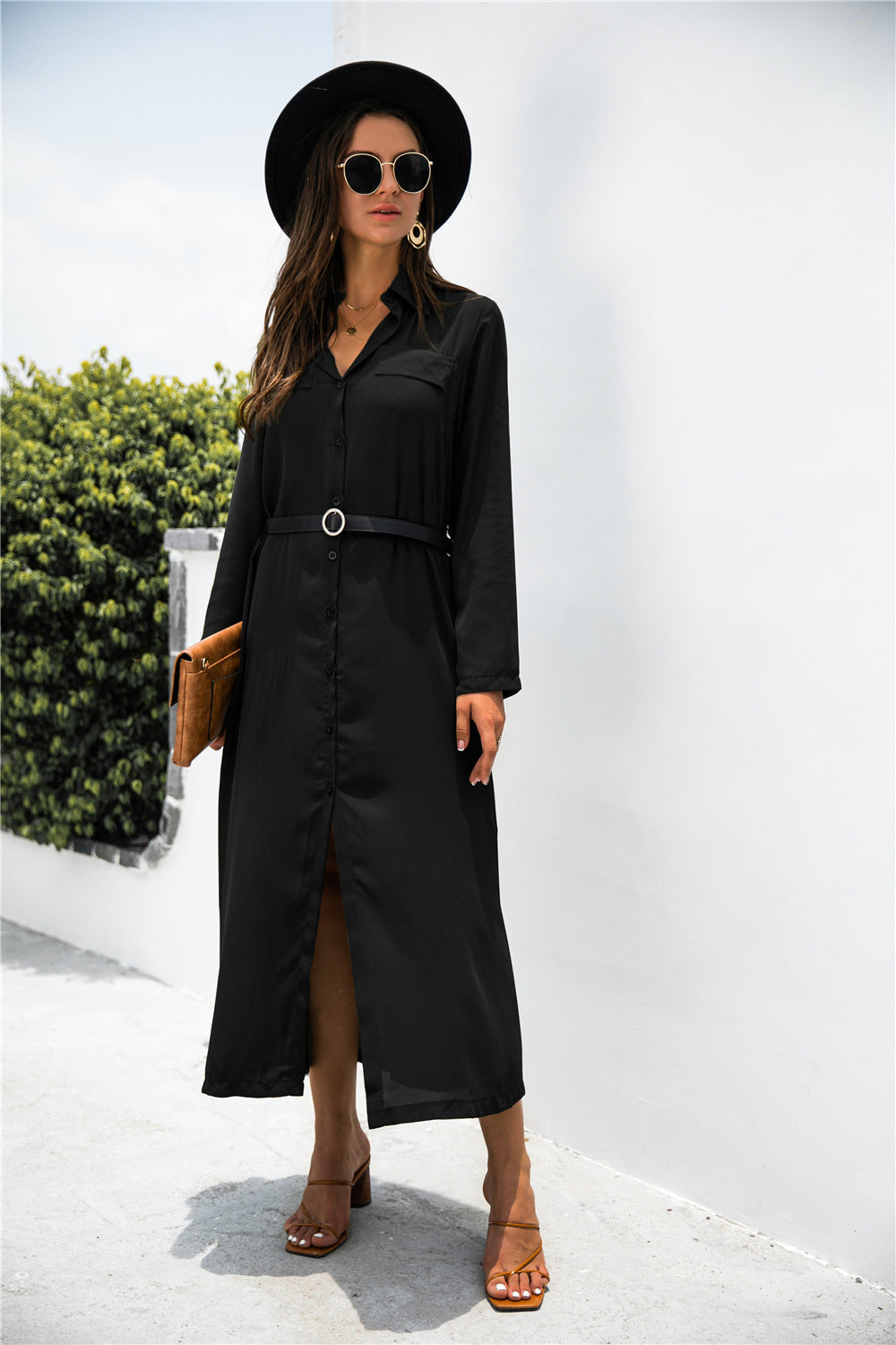 Button Down Ankle Length Shirt Dress - LXM Fashion 