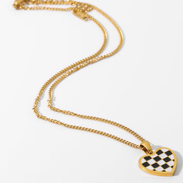 Checkerboard Heart Pendant Chain Necklace - LXM Fashion 