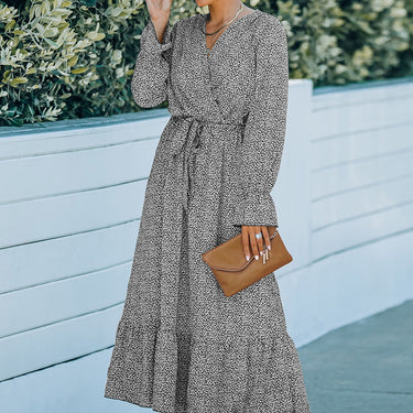 Printed Tie Belt Ruffle Hem Dress - LXM Fashion 