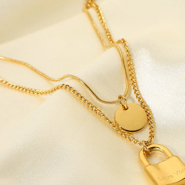 Layered Circle and Lock Pendant Necklace - LXM Fashion 